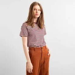 DEDICATED T-shirt Coton Biologique Rayé -Thinking Mu Soldes DEDICATED T shirt raye bordeaux blanc 4