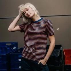 DEDICATED T-shirt Coton Biologique Rayé -Thinking Mu Soldes DEDICATED T shirt raye bordeaux bleu 3