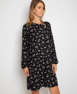 April & C Robe Courte Lenzing® Ecovero® - Cyrielle -Thinking Mu Soldes Robe noire imprimee a fleurs certifiee Viscose EcoVero fabriquee en France eco responsable
