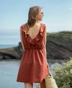 April & C Robe Courte Lin - Mathilde -Thinking Mu Soldes robe mathilde lin sepia fabrication francaise