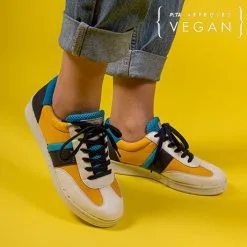 ME.LAND Baskets En Fibres Recyclées - Vivace -Thinking Mu Soldes vivace vegan sneaker in yellow blue and white recycled nylon 275681